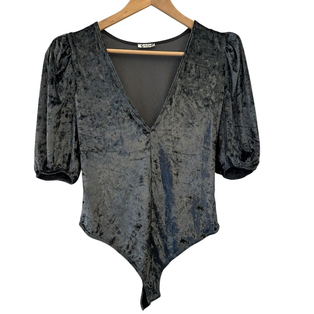 Free People Intimately Green Grey V-Neck Velvet Short Sleeve Body Suit Leotard